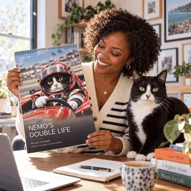 Woman at her desk with Nemo's racing calendar and her tuxedo cat