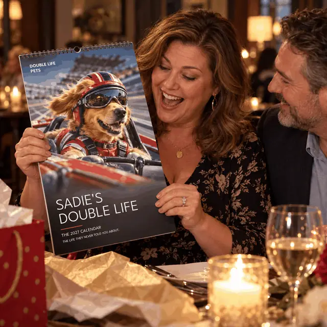 Couple at dinner laughing at Sadie's racing calendar
