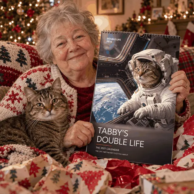 Grandmother at Christmas with Tabby's astronaut calendar and her cat