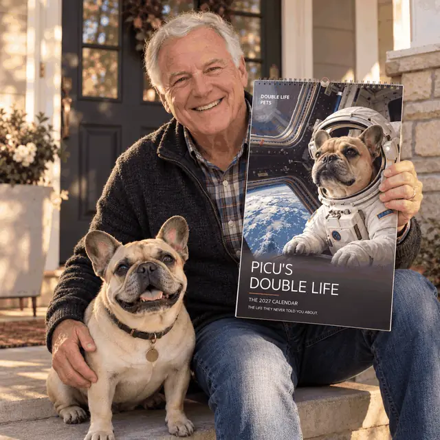 Man on his porch with Picu's astronaut calendar and his French bulldog