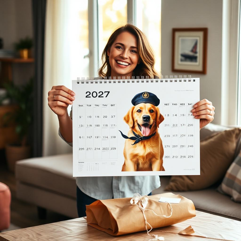 Someone unwrapping and holding up their personalized 2027 pet calendar