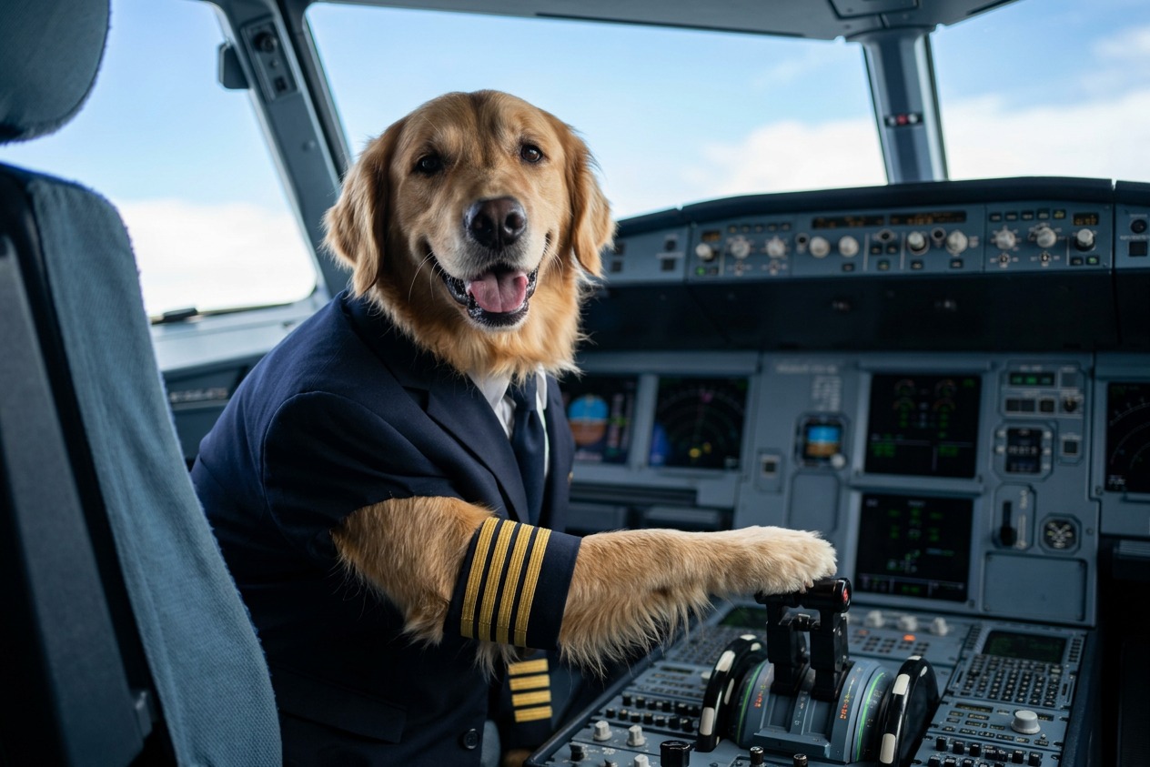 The same pet transformed into an airline captain