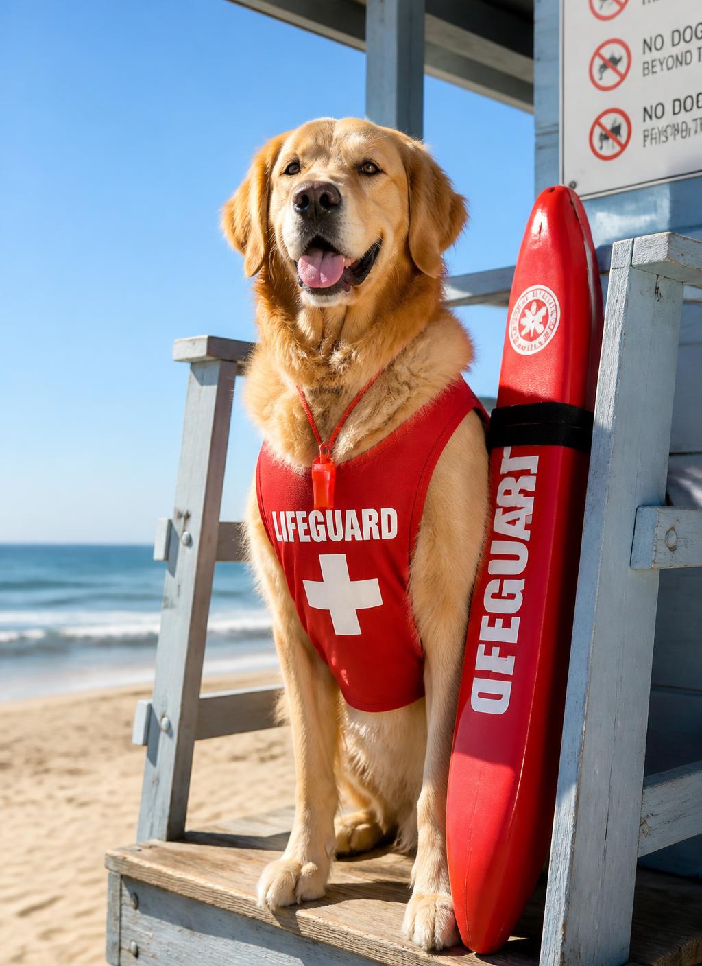 A golden retriever transformed into a beach lifeguard