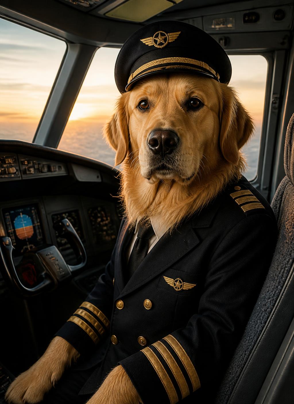 A golden retriever transformed into an airline captain